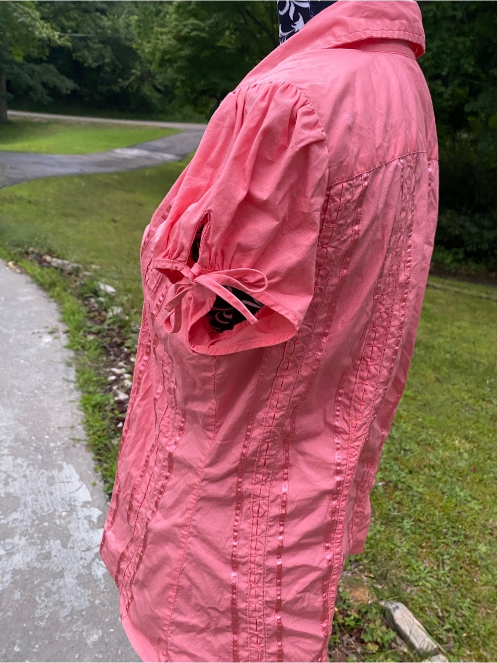 Studio 1940 Coral Pink Ribbon Trim Short-Sleeve Button Up Shirt Size Large - Picture 13 of 16